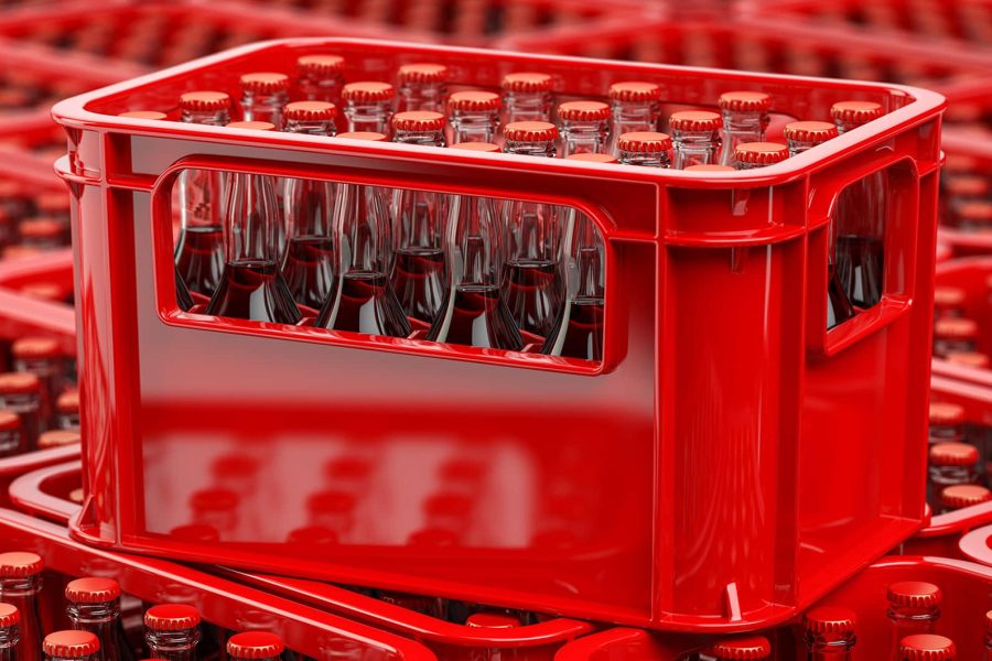 Bottles with soda or cola in the red strage crate for bottles. 3d illustration